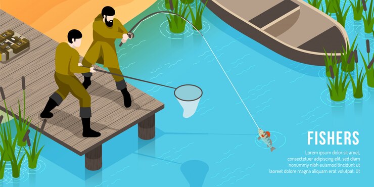 Vettore gratuito pescatori sul pilastro di legno con le attrezzature durante il pesce che pesca orizzontale isometrico