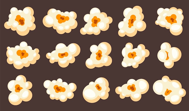 Vettore gratuito pezzi di popcorn di diverse forme illustrazioni vettoriali impostate. spuntino salato o dolce di mais o soufflé per guardare film isolati su sfondo marrone. cibo, concetto di cinema