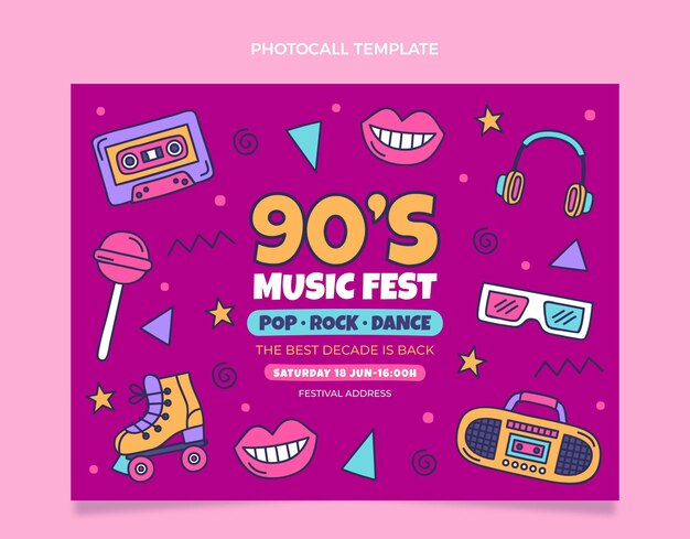 Photocall del festival musicale nostalgico anni '90 disegnato a mano