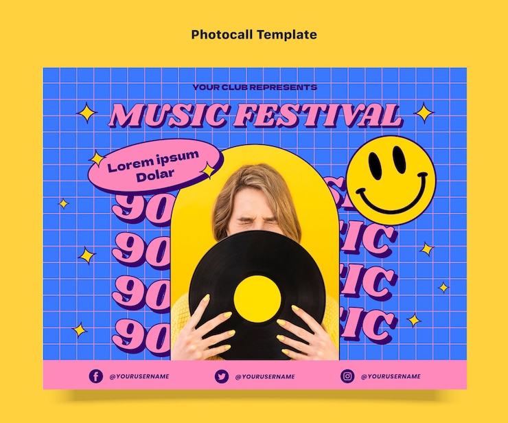 Vettore gratuito photocall del festival musicale nostalgico piatto anni '90