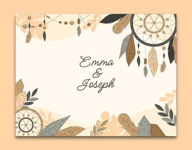 Photocall di matrimonio boho disegnato a mano con piume