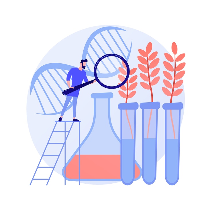 Vettore gratuito piante geneticamente modificate concetto astratto illustrazione vettoriale. colture geneticamente modificate, piante gm, agricoltura biotecnologica, aggiunta di nuove funzionalità, agricoltura ogm, metafora astratta transgenica.