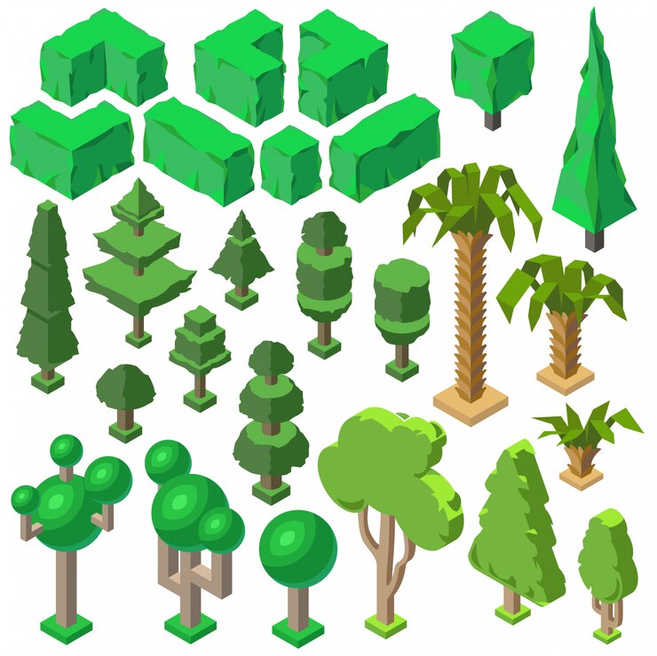 Vettore gratuito piante isometriche 3d, alberi, cespugli verdi, abeti, palme e pini