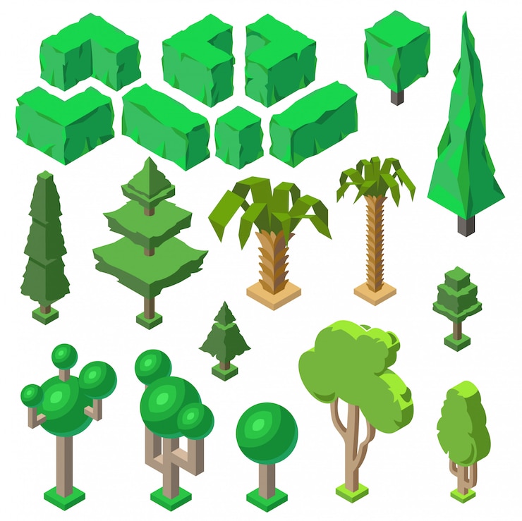 Vettore gratuito piante isometriche 3d, alberi, cespugli verdi, palme. oggetti della natura, ambiente. ecologia, natura