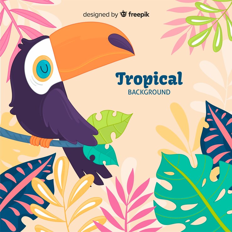 Vettore gratuito piante tropicali disegnate a mano e priorità bassa dell'uccello
