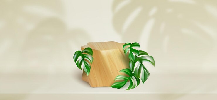 Vettore gratuito piattaforma in legno e foglie di monstera su beige