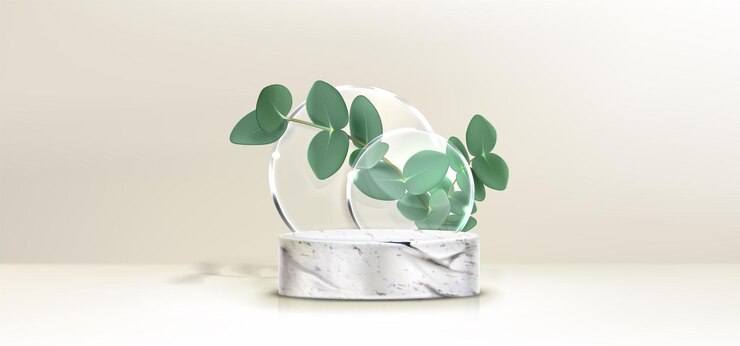 Vettore gratuito piattaforma in pietra 3d con ramo di eucalipto
