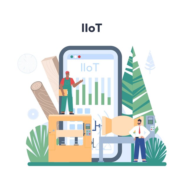 Piattaforma o servizio online per l'industria del legno Operatore della linea di lavorazione del legno come linea di produzione forestale Controllo del processo di segatura IIoT online Illustrazione vettoriale piatta