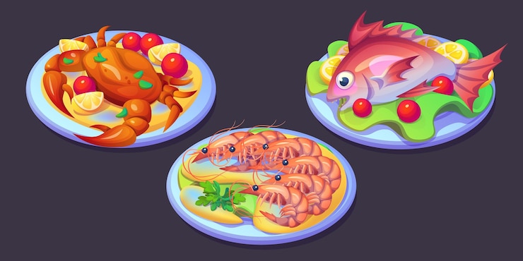 Vettore gratuito piatti di pesce placcati serviti con guarnizioni colorate