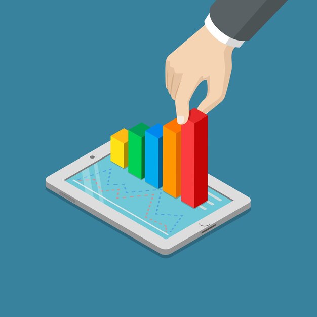 Piatto 3d isometrico crescente profitto mano che si estende grafico a barre dal concetto di tablet