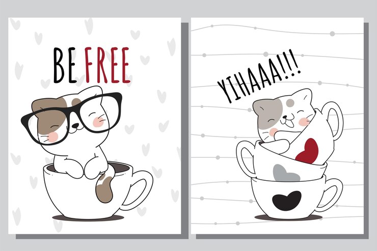 Piatto carino collezione di animali gatto sulla tazza illustrazione per bambini Simpatico personaggio gatto
