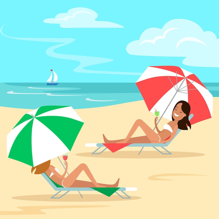 Vettore gratuito piatto due ragazze sdraiate su una sedia a sdraio sotto un ombrellone e bevendo cocktail sulla spiaggia del mare natura