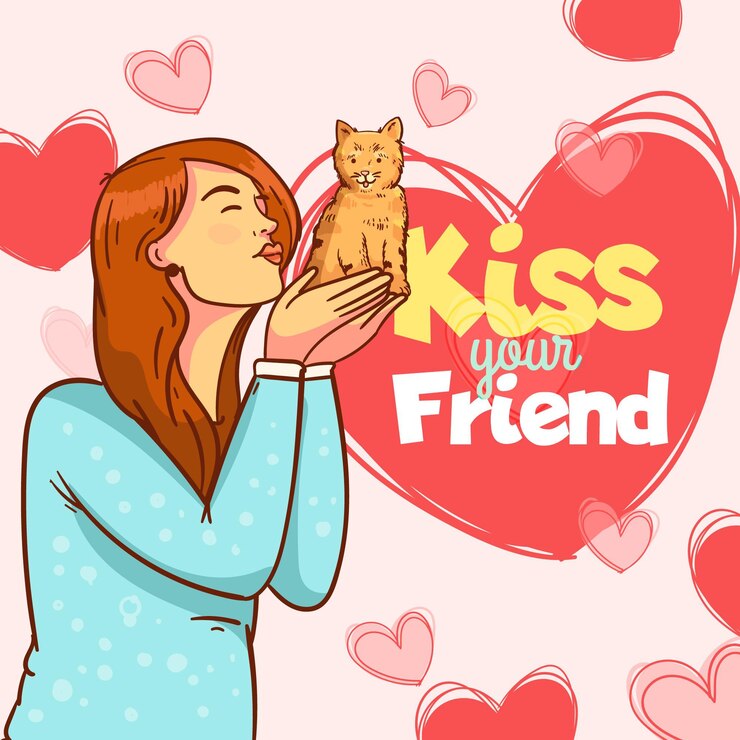 Vettore gratuito piatto internazionale baciare giorno illustrazione con donna e gatto