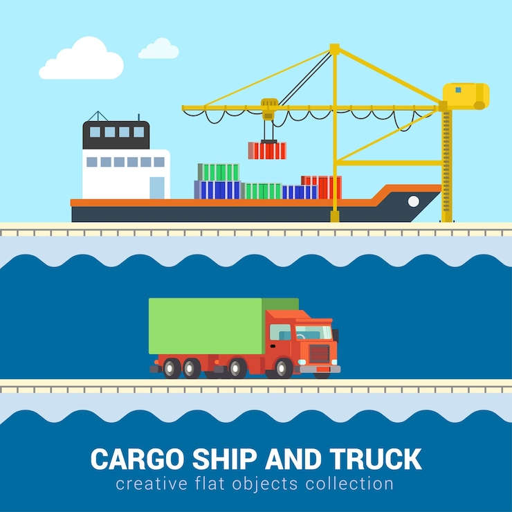 Vettore gratuito piatto isometrico divertente cartone animato consegna del carico mare oceano trasporto su strada insieme. camion van automobile carro motore autocarro portacontainer carico porto. costruisci la tua collezione mondiale.