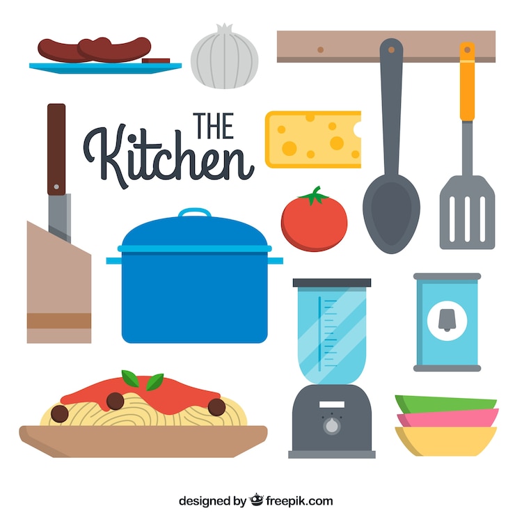 Vettore gratuito piatto utensili da cucina collezione