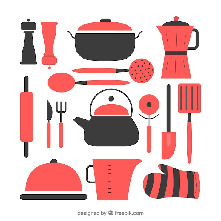 Vettore gratuito piatto utensili da cucina set