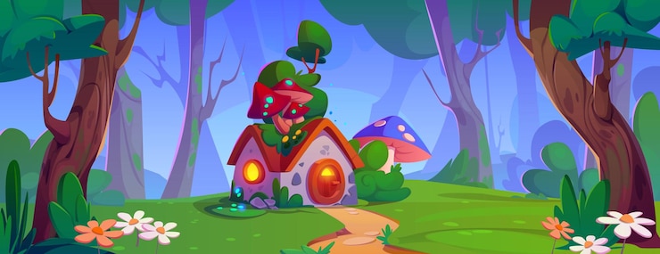 Vettore gratuito piccola casa di fantasia con funghi nella foresta