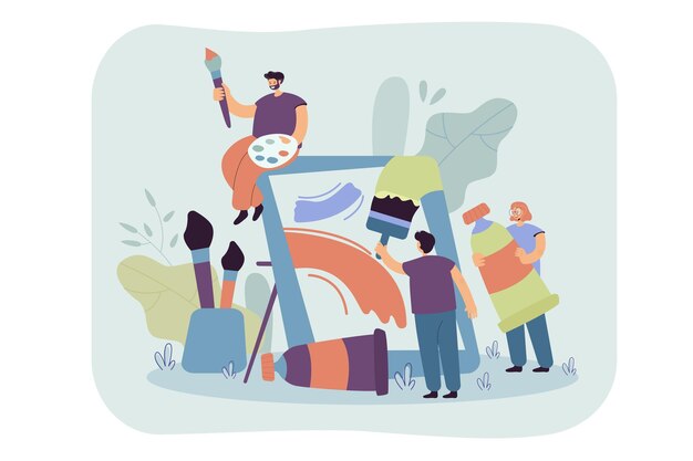 Piccoli artisti che creano opere d'arte insieme illustrazione piatta. Illustrazione del fumetto