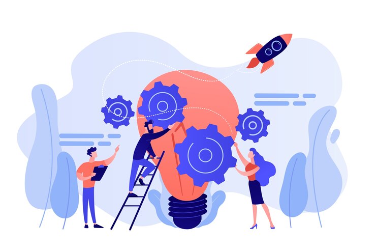Vettore gratuito piccoli uomini d'affari che generano idee e tengono gli ingranaggi alla grande lampadina. gestione delle idee, pensiero alternativo, migliore illustrazione del concetto di scelta della soluzione