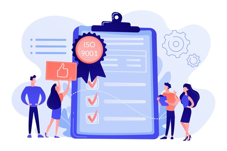 Vettore gratuito piccoli uomini d'affari come standard per il controllo di qualità. standard per il controllo di qualità, standard iso 9001, illustrazione del concetto di certificazione internazionale