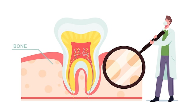 Piccolo dentista personaggio medico maschio in maschera e veste bianca con lente d'ingrandimento per denti enormi