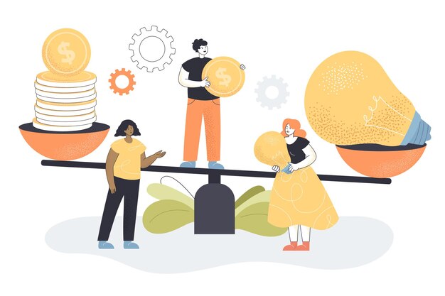 Piccolo investitore che fa ricerca sul valore dell'innovazione, sul prezzo obiettivo, sul profitto finanziario in piedi su scale