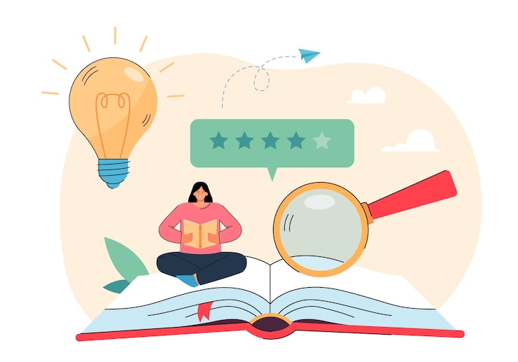 Vettore gratuito piccolo libro di lettura per clienti femminili con un buon feedback. ricerca e analisi del servizio di libro da illustrazione vettoriale piatto ragazza. valutazione della qualità della letteratura, soddisfazione, concetto di recensione dei consumatori