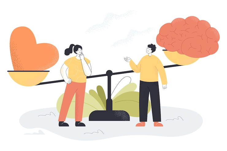 Vettore gratuito piccolo uomo e donna in piedi vicino a scale con cervello e cuore. pensare e scegliere tra sentimenti e mente, istinti intestinali e illustrazione vettoriale piatta logica. intuizione e concetto di equilibrio logico