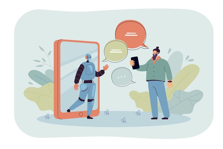 Vettore gratuito piccolo uomo in chat online con illustrazione piatta assistente ai