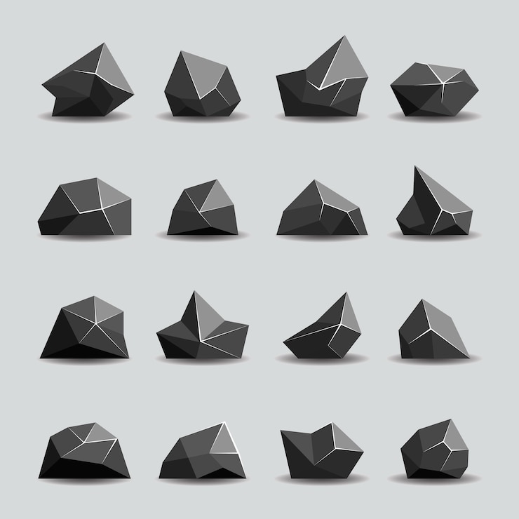 Vettore gratuito pietra poligonale nera e rocce poli. cristallo geometrico, oggetto poligonale, illustrazione vettoriale