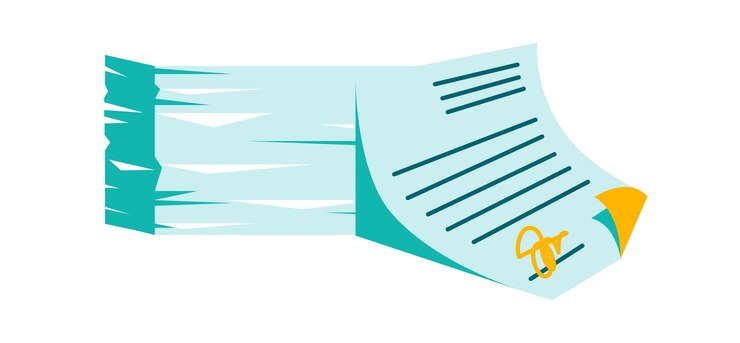 Vettore gratuito pila di documenti cartacei e accordo di firma con sigillo, fumetto illustrazione vettoriale isolato su bianco