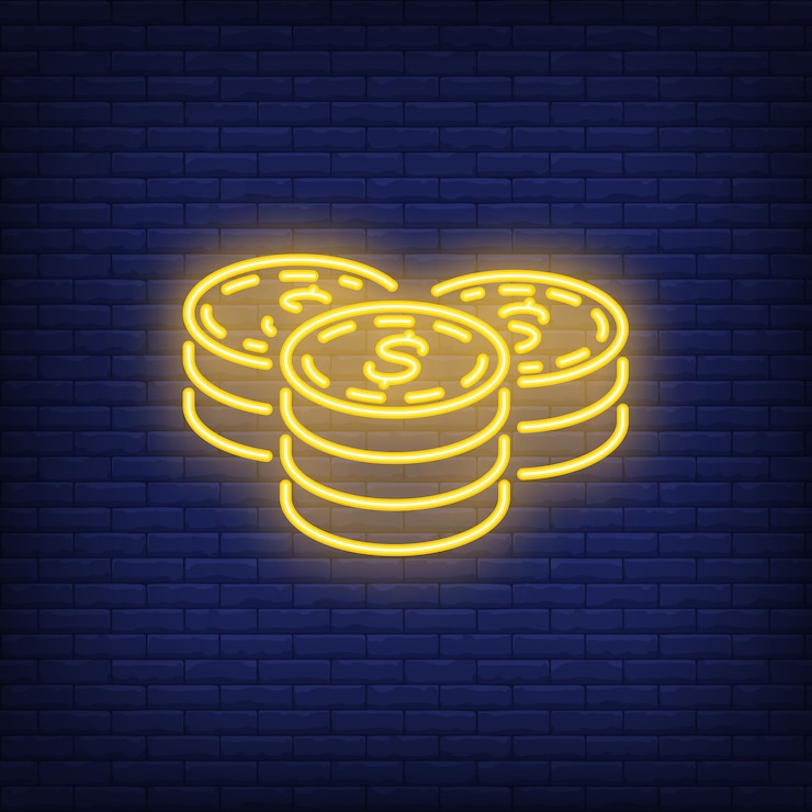 Vettore gratuito pile della moneta del dollaro sulla priorità bassa del mattone. illustrazione di stile al neon. risparmio, denaro, reddito.