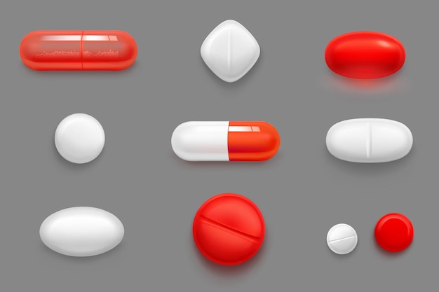 Pillole compresse e farmaci capsule rosse e bianche con granuli Rombo ovale e medicamento rotondo antidolorifici antibiotici contraccezione additivi bioattivi Set vettoriale 3d realistico