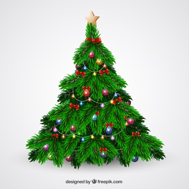 Pino decorato con la ghirlanda di luci e fiocchi