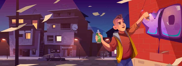 Vettore gratuito pittore di graffiti nell'insegna del fumetto del ghetto di notte. adolescente del ragazzo dipinto su un muro di mattoni con aerosol nel paesaggio urbano scuro con auto rotta. vandalismo o occupazione hobby creativo, banner web vettoriale
