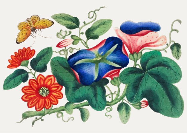 Pittura cinese con fiori e farfalle.