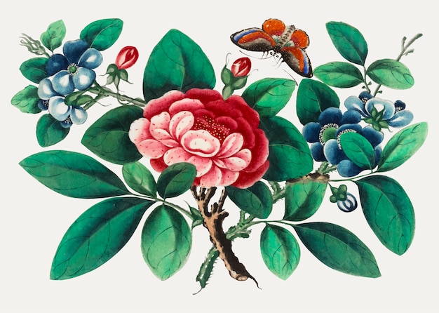 Pittura cinese con fiori e farfalle.