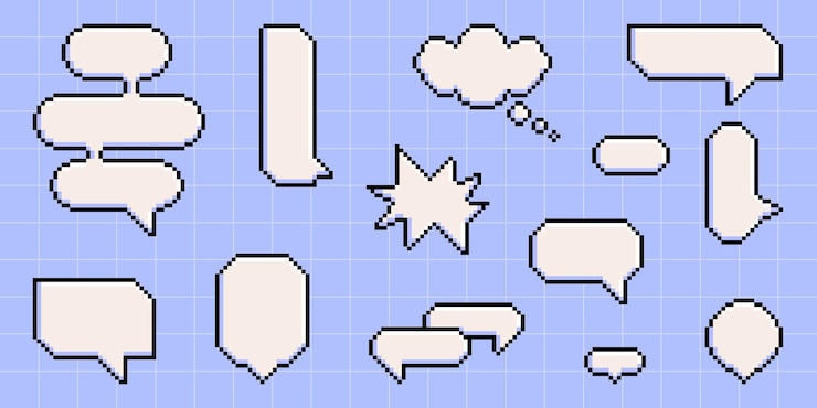 Vettore gratuito pixel art speech bubble collection on blue grid