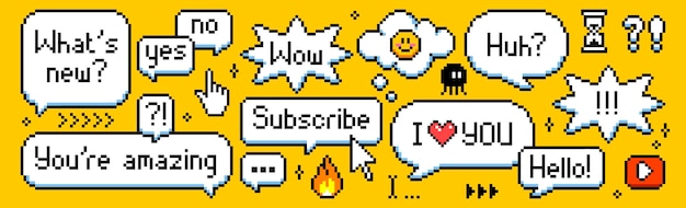 Pixel speech bubble set con frasi retrò
