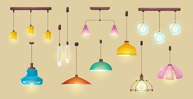 Vettore gratuito plafoniere moderne, eleganti lampade elettriche a sospensione per interni di casa o ufficio. set di cartoni animati vettoriali di accessori per l'illuminazione sospesa, lampadari con paralumi isolati su sfondo