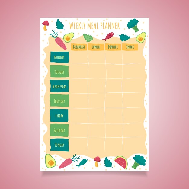 Planner pasto design piatto disegnato a mano