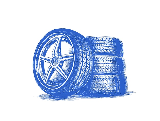 Pneumatico per ruote auto isolato su bianco Illustrazione vettoriale di schizzo disegnato a mano