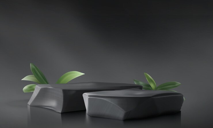 Vettore gratuito podio in pietra 3d per l'esposizione di prodotti cosmetici sfondo minimal beauty rock stand per il bagno vetrina con foglie verdi scena astratta presentazione moderna di cura della pelle nera design d'interni zen