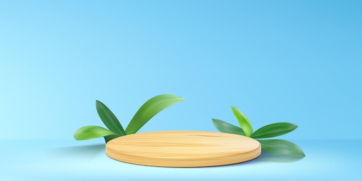 Vettore gratuito podium cilindrico in legno con foglia verde o erba