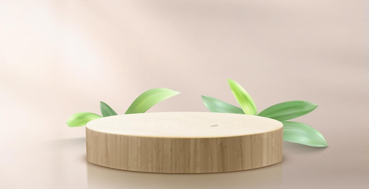 Vettore gratuito podium di prodotto 3d rotondo in legno con foglia verde