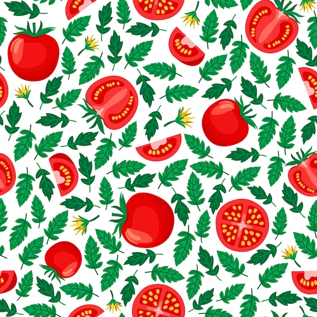 pomodori seamless pattern, sfondo bianco con pomodori interi e affettati e foglie