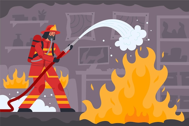 Pompiere disegnato a mano che spegne un fuoco