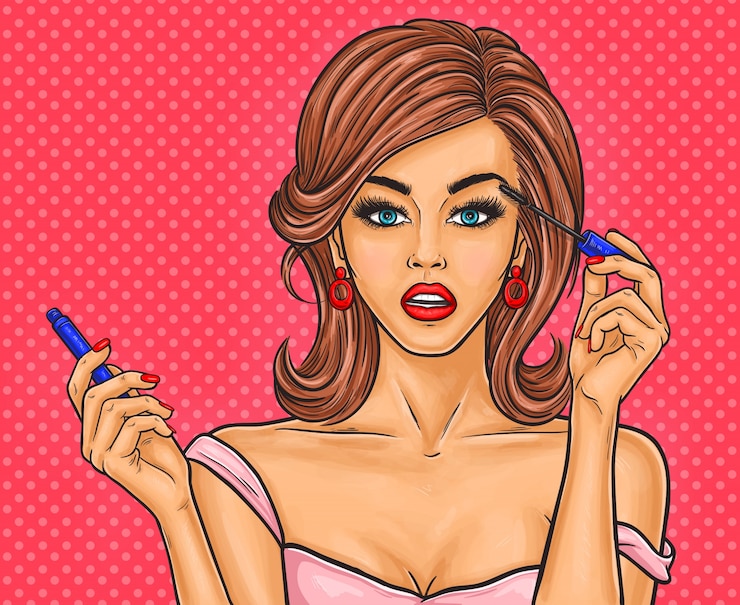 Vettore gratuito pop art bella giovane donna applica mascara
