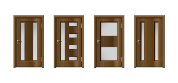 Porta un insieme realistico di quattro porte in legno isolate con superficie in legno marrone e diverse configurazioni di finestre illustrazione vettoriale