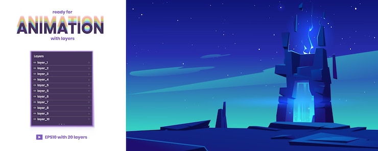 Vettore gratuito portale magico in cornice di pietra su sporgenza rocciosa di notte sfondo di parallasse vettoriale pronto per l'animazione 2d con sfondo di gioco di illustrazione di fantasia del fumetto con il blu mistico che emette luce nell'arco antico